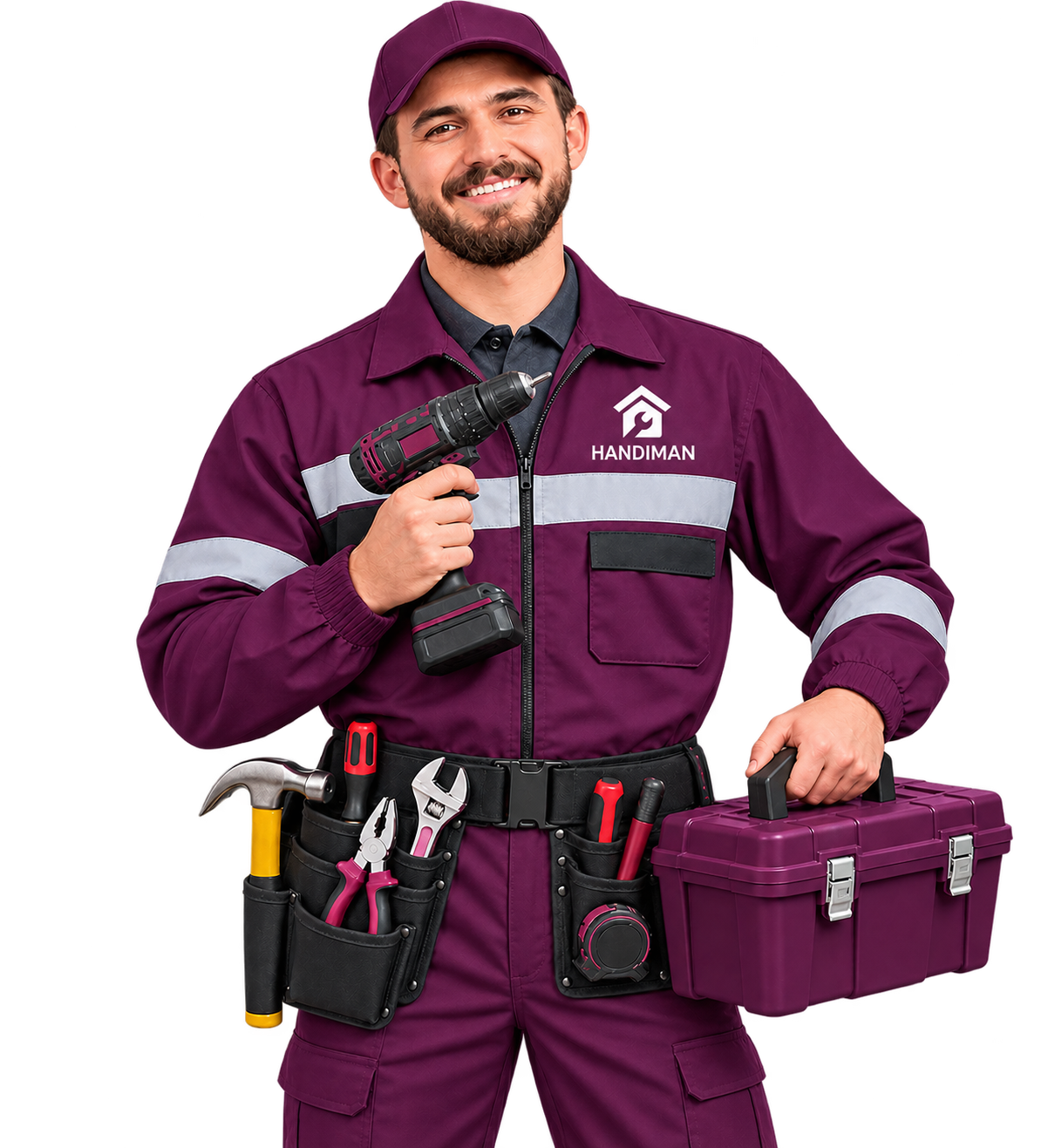 Handiman professional holding a cordless drill and a tool box